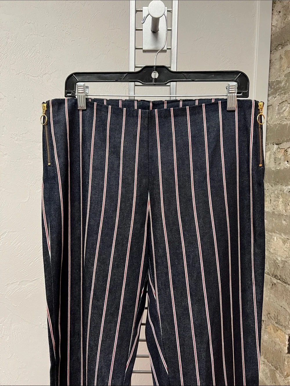 Maggie Marilyn 💯% Cotton Denim Navy Pants with Red, White Stripes Size 8 - Picture 3 of 16